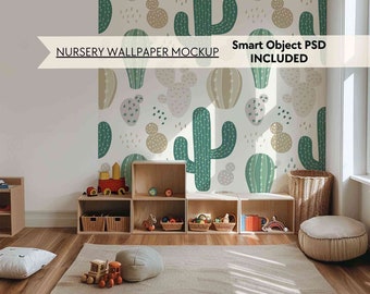 PSD kids room wallpaper mockup, Playroom blank wall mockup, Neutral empty nursery wallpaper mock up, Smart object minimalist mural mock-up