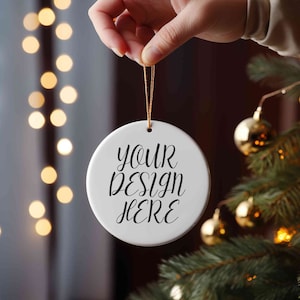 Ceramic ornament Mockup for Christmas, Xmas ornament mockup hand, Winter holiday blank round ornament Mockup, Print on demand ornament mock
