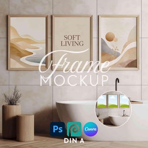 May include: Three light wood frames hanging on a tiled wall above a white bathtub. The frames display abstract landscape art in beige, brown, and gray tones. The center frame features the text SOFT LIVING. A circular inset shows a landscape scene.