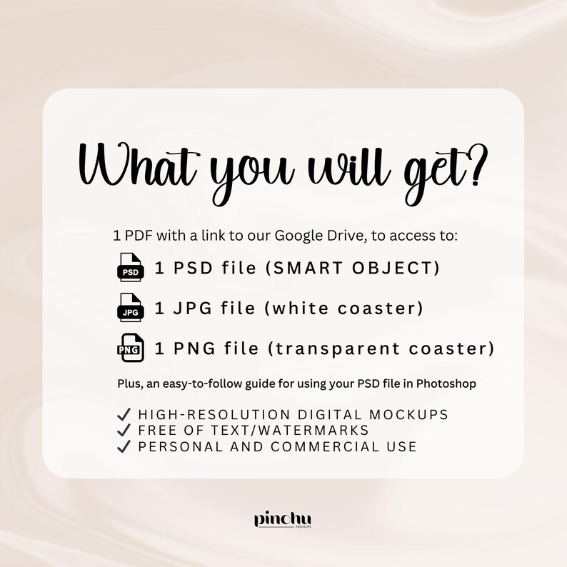 May include: What you will get? 1 PDF with a link to our Google Drive, to access to: 1 PSD file (SMART OBJECT), 1 JPG file (white coaster), 1 PNG file (transparent coaster). Plus, an easy-to-follow guide for using your PSD file in Photoshop. HIGH-RESOLUTION DIGITAL MOCKUPS, FREE OF TEXT/WATERMARKS, PERSONAL AND COMMERCIAL USE.
