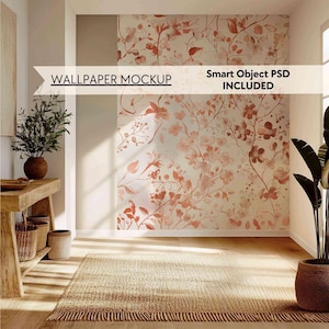 PSD Wallpaper Mockup, Boho Flur Eingang leere Wandbild, Weiße Wand Mockup für Oberflächenmuster Wandbild, Leere Wand PSD Smart Objekt Mockup