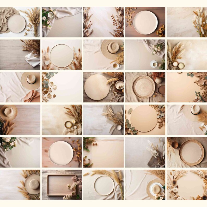 May include: A collection of 25 images featuring various neutral-toned backgrounds with different textures, shapes, and objects. The images include round plates, wooden trays, hats, dried grasses, and other natural elements. These images are perfect for creating mockups or adding a touch of natural beauty to your designs.