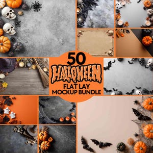 Könnte beinhalten: Eine Sammlung von Halloween-Themen-Flat-Lay-Mockups. Das Bild zeigt Kürbisse, Totenköpfe, Spinnen, Fledermäuse und andere gruselige Elemente. Der Text "50 Halloween Flat Lay Mockup Bundle" ist in Orange dargestellt.