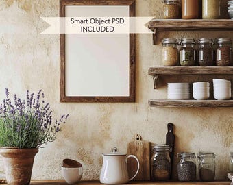 Rustic kitchen frame mockup for poster, Cozy cottagecore wall art frame mockup, Vintage style vertical frame mockup for digital art, DIN A4