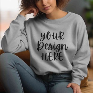 Gildan 18000 sport grey sweatshirt mockup, G180 grey crewneck mock-up, Sport grey sweater model mockup, Cosy casual oversized Gildan mock