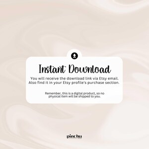 Op de afbeelding: Een witte tekstbox met een zwarte rand en de tekst "Direct Downloaden" in een zwart, gestileerd lettertype. De tekst hieronder legt uit dat de downloadlink via Etsy-e-mail wordt verzonden en ook te vinden is in het aankoopgedeelte van het Etsy-profiel. De tekst vermeldt ook dat het product digitaal is en dat er geen fysiek item wordt verzonden. De tekstbox bevindt zich op een lichtbruine achtergrond.