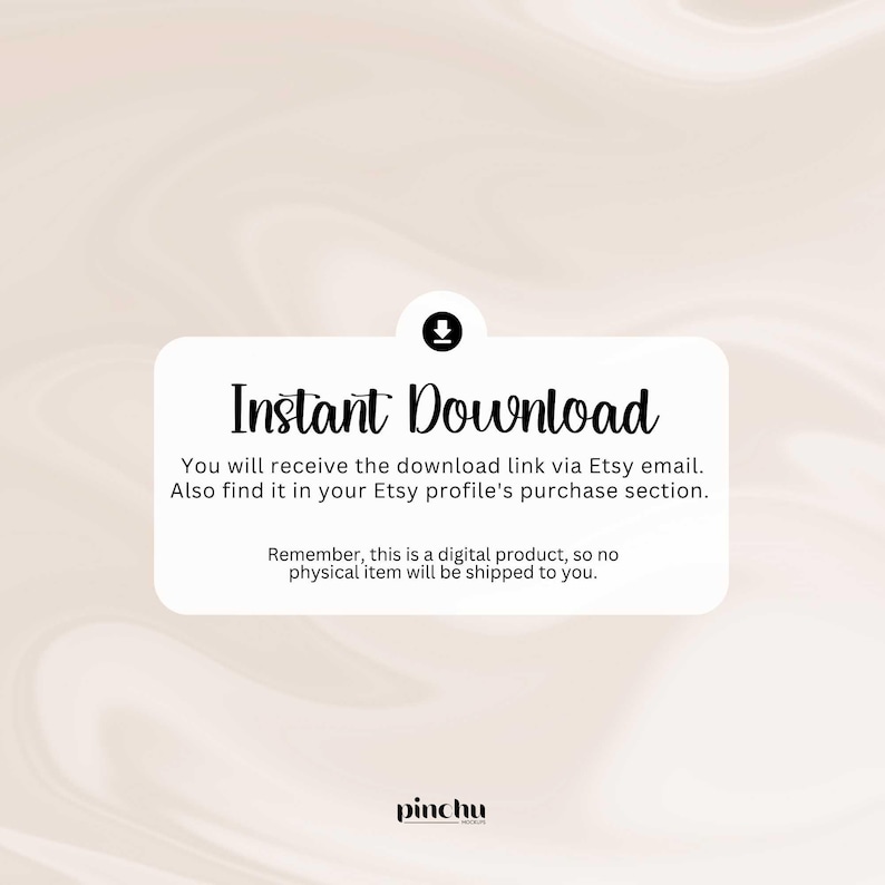 Op de afbeelding: Een witte tekstbox met een zwarte rand en de tekst "Direct Downloaden" in een zwart, gestileerd lettertype. De tekst hieronder legt uit dat de downloadlink via Etsy-e-mail wordt verzonden en ook te vinden is in het aankoopgedeelte van het Etsy-profiel. De tekst vermeldt ook dat het product digitaal is en dat er geen fysiek item wordt verzonden. De tekstbox bevindt zich op een lichtbruine achtergrond.