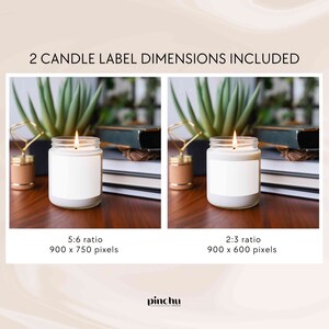May include: Two candle labels with white backgrounds, one with a 5:6 ratio and 900 x 750 pixels, and the other with a 2:3 ratio and 900 x 600 pixels. The labels are on top of glass candle jars with a white wax and a lit wick.