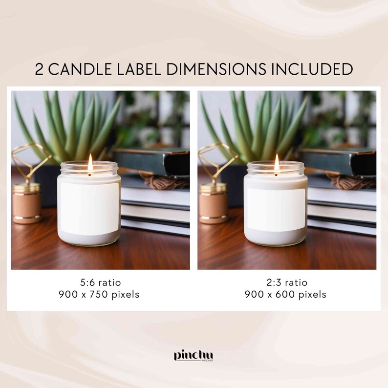 May include: Two candle labels with white backgrounds, one with a 5:6 ratio and 900 x 750 pixels, and the other with a 2:3 ratio and 900 x 600 pixels. The labels are on top of glass candle jars with a white wax and a lit wick.