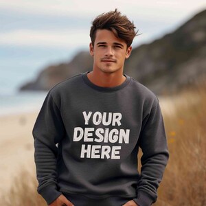 Gildan 18000 dark heather mockup men, Male Gildan sweatshirt mockup, Grey sweater mens model mockup, Man Gildan crewneck mock, Beach outdoor
