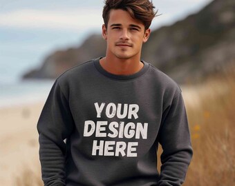 Gildan 18000 dark heather mockup men, Male Gildan sweatshirt mockup, Grey sweater mens model mockup, Man Gildan crewneck mock, Beach outdoor
