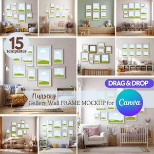 Op de afbeelding: Een verzameling galerijwandframe-mockups voor kinderkamers. De afbeelding toont meerdere arrangementen van ingelijste kunst met landschapsgezichten. Tekst bevat "15 sjablonen", "Nursery Gallery Wall Frame Mockup for Canva" en "Drag & Drop".