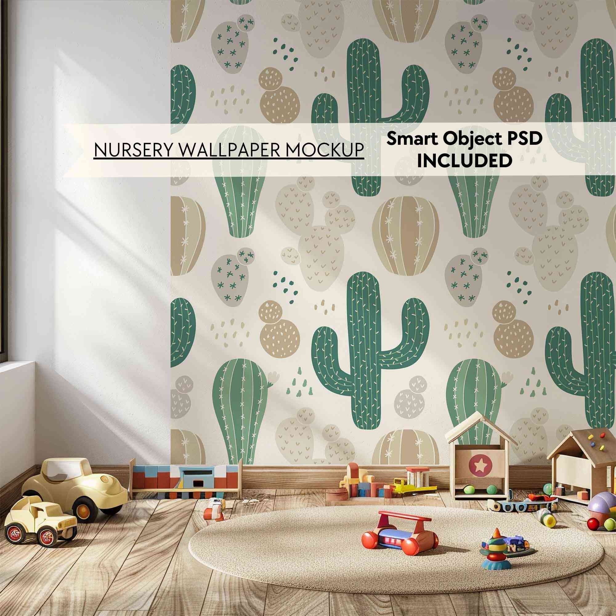 PSD Nursery wallpaper mockup, Blank wall mockup for playroom, Neutral empty digital wallpaper mock up, Smart object minimalist mural mock-up