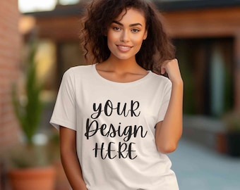 Bella Canvas natural mockup, Natural Bella Canvas 3001 tshirt mockup, Trendy shirt mock up, Women model tee mockup, Chic street t shirt mock