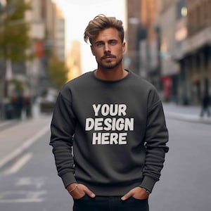 Gildan 18000 dark heather mockup men, Male Gildan sweatshirt mockup, Grey sweater mens model mockup, Man Gildan crewneck mock, Casual street