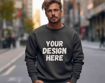 Gildan 18000 dark heather mockup men, Male Gildan sweatshirt mockup, Grey sweater mens model mockup, Man Gildan crewneck mock, Casual street