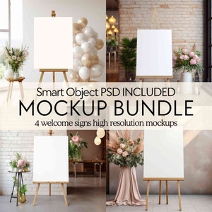 May include: Four blank welcome signs on easels, ideal for a wedding or other event. The signs are in different settings, including a room with balloons and a room with flowers.