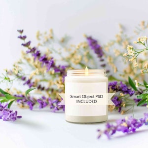 Candle mockup floral, Soy candle mockup, 9oz jar candle mock-up, PSD smart object simple candle mockup, Purple flowers lit up candle mockup
