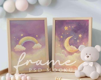 Set of 2 frames mockup for nursery wall art, Two empty wood frames mock up, Cute cozy DIN A4 poster frame mock-up for kids room or baby art