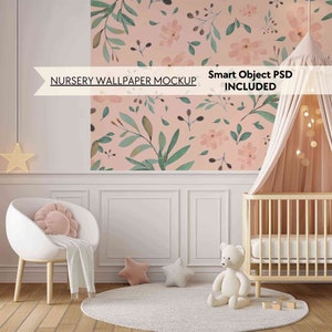 Baby Tapete PSD, Babyzimmer rosa Dekor leere Wand Mockup, Kinderzimmer leer Kinderzimmer Wand Mockup, Smart Objekt Mock