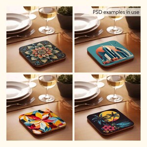 May include: Four different designs of square coasters with cork backing. The coasters feature a mandala, a cityscape, tropical flowers, and a palm tree on a beach.