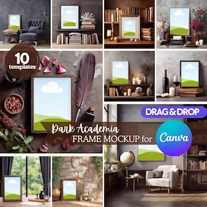 Op de afbeelding: Een verzameling van tien frame-mockups met een "Dark Academia" thema. Elk frame toont een landschap met een blauwe lucht en groene heuvels. De frames zijn geplaatst in diverse omgevingen, waaronder bibliotheken en vintage interieurs.