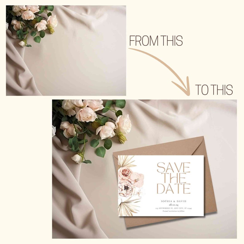 May include: A save the date card with a brown envelope. The card features a floral design with a gold inscription that reads "Save the Date" and "Sophia & David" with a date. The card is on a beige fabric background.