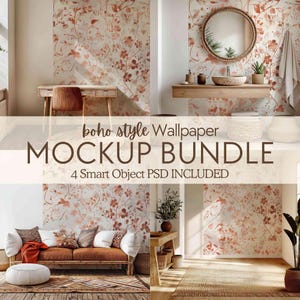 PSD Wallpaper Mockup Bundle Boho Interior, Wohnzimmer Flur Badezimmer & Schreibtisch leere Wand Mockup, Oberflächenmuster Tapete Wohnkultur Mockup