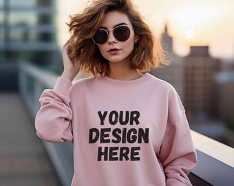 Gildan light pink 18000 mockup, Gildan sweater mock up, Sweatshirt model mockup, Chic crewneck Gildan G180 mockup outdoors street lifestyle
