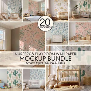 20x NURSERY MOCKUP BUNDLE, mockup di carta da parati per cameretta dei bambini, mockup di parete vuota per sala giochi per bambini, mockup di carta da parati per cameretta per neonati e bambini, oggetto intelligente