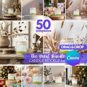 Pode incluir: Uma coleção de 50 modelos de maquete de velas para Canva. Os modelos apresentam diversos fundos e estilos, incluindo uma árvore de Natal, flores e madeira rústica. O texto "DRAG & DROP" é visível em um dos modelos.