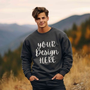Gildan 18000 dark heather mockup men, Male Gildan sweatshirt mockup, Grey sweater mens model mockup, Man Gildan crewneck mock, Mountain mock
