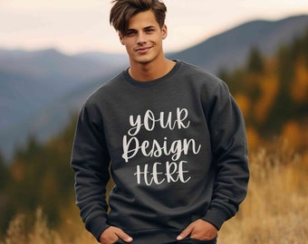 Gildan 18000 dark heather mockup men, Male Gildan sweatshirt mockup, Grey sweater mens model mockup, Man Gildan crewneck mock, Mountain mock