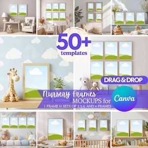 PAQUETE: Más de 50 maquetas de marcos para guardería para Canva, plantillas de arrastrar y soltar para decoración de pared de guardería, maqueta de póster para habitación de bebé, exhibición de marcos para guardería
