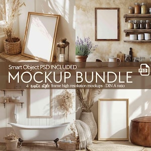 4x Rustic wood frame mockup bundle, PSD cottagecore farmhouse wall art frame mockup, Vintage poster frame mockup for digital art DIN A4