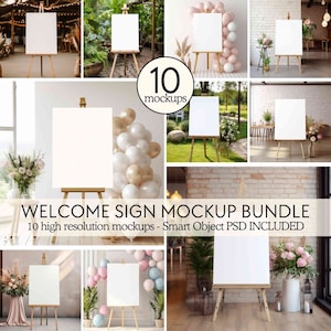May include: A set of 10 high-resolution welcome sign mockups featuring a blank canvas on an easel in various settings. The mockups are ideal for showcasing wedding, event, or party signage.