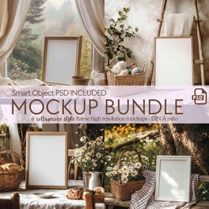 4x cottagecore frame mockup bundle, DIN A4 vertical frame mockup for digital wall art display, PSD poster frame mockup in farmhouse style