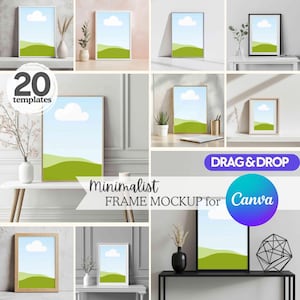 Op de afbeelding: 20 minimalistische frame mockups voor Canva. De mockups tonen verschillende frames met een eenvoudige landschapsscène van een groene heuvel en een witte wolk tegen een blauwe lucht. De frames worden op verschillende oppervlakken getoond, waaronder een witte tafel, een houten tafel en een zwarte tafel. De mockups zijn perfect om je kunstwerken, fotografie of ontwerpen te presenteren.