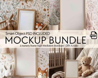 4x Nursery frame mockup bundle, PSD Wall art template for baby nursery, A4 frame kids room interior mockup, Children vertical frame mock up