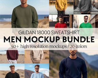 Male sweatshirt mockup bundle, Men Gildan 18000 mockup bundle, Mens model mockups, Gildan 18000 sweater man mock ups, Male crewneck mock-ups