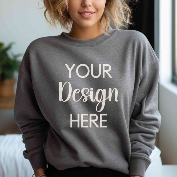 Gildan 18000 sweatshirt mockup, Graphite heather Gildan sweater mockup, Grey graphite crewneck model mockup, Lifestyle chic sweatshirt mock