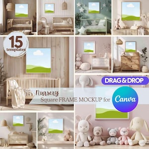 Può includere: Immagine composita che mostra 15 mockup di cornici quadrate per l'arte della cameretta. Ogni cornice mostra un paesaggio con cielo blu, nuvola bianca e colline verdi. Le cornici sono presentate in vari ambienti della cameretta.