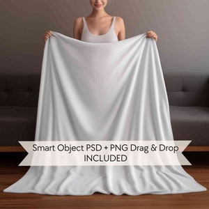 Blanket mockup, Canva drag and drop PNG, PSD smart object, Velveteen plush minky fleece blanket mockup, Woman with transparent blanket mock