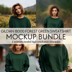 Gildan 18000 forest green mockup bundle, Green sweatshirt mockups, Forest green Gildan 18000 mockup bundle, Gildan crewneck model mock ups