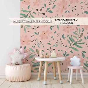 PSD kids room wallpaper mockup, Playroom blank wall mockup, Baby girl nursery empty wallpaper mock up, Smart object minimalist mural mock-up