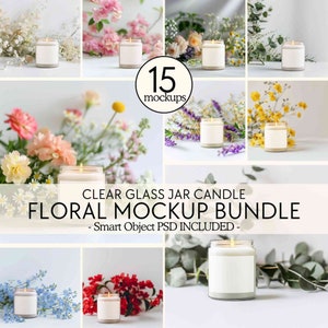 Floral CANDLE MOCKUP BUNDLE, Clear jar candle mockups with flowers, Soy candle minimal mock ups, Blank white 9oz glass jar candle mockup psd