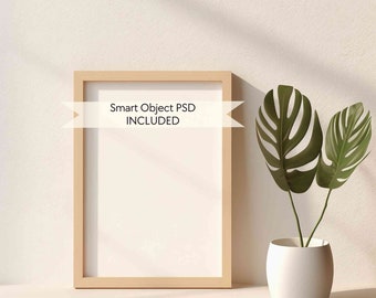 Minimalistic vertical frame mockup, A4 wood sign mockup, Modern frame mock, Scandinavian frame mockup, PSD interior frame mockup DIN A ratio