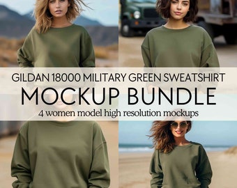 Gildan 18000 military green sweatshirt mockup bundle, Green Gildan crewneck mock-ups, Military green crewneck mocks, Women model mockups