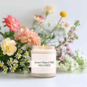Candle mockup PSD, Floral jar scent soy candle mockup, Candle mock-up elegant flowers, 9oz candle mock up POD, Smart object wedding candle