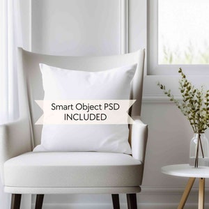 May include: White throw pillow with a white background and the text "Smart Object PSD INCLUDED" in a pink banner.